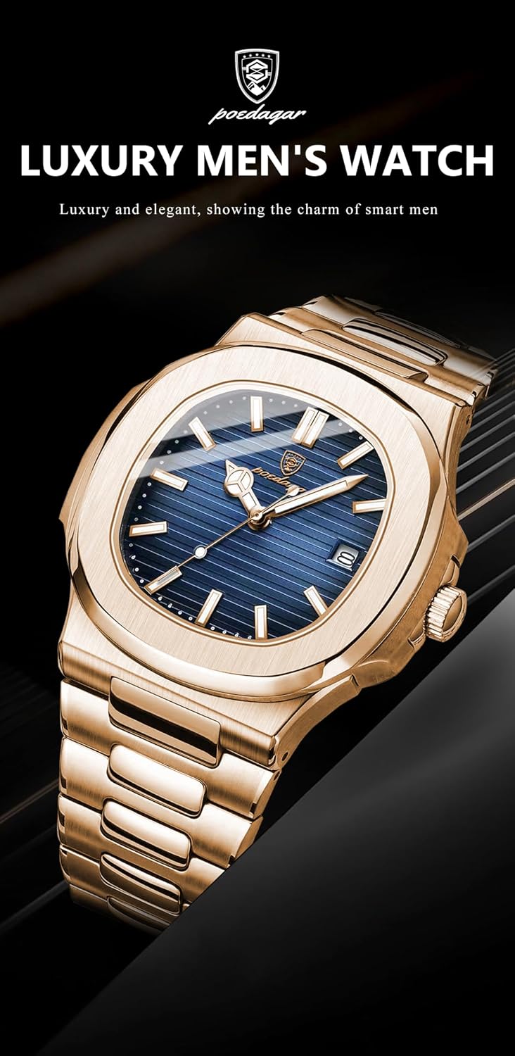 Poedagar Reloj de pulsera de moda para hombre, correa de acero inoxidable, reloj de cuarzo para hombre, impermeable, luminoso, fecha, cuadrado, relojes para hombre