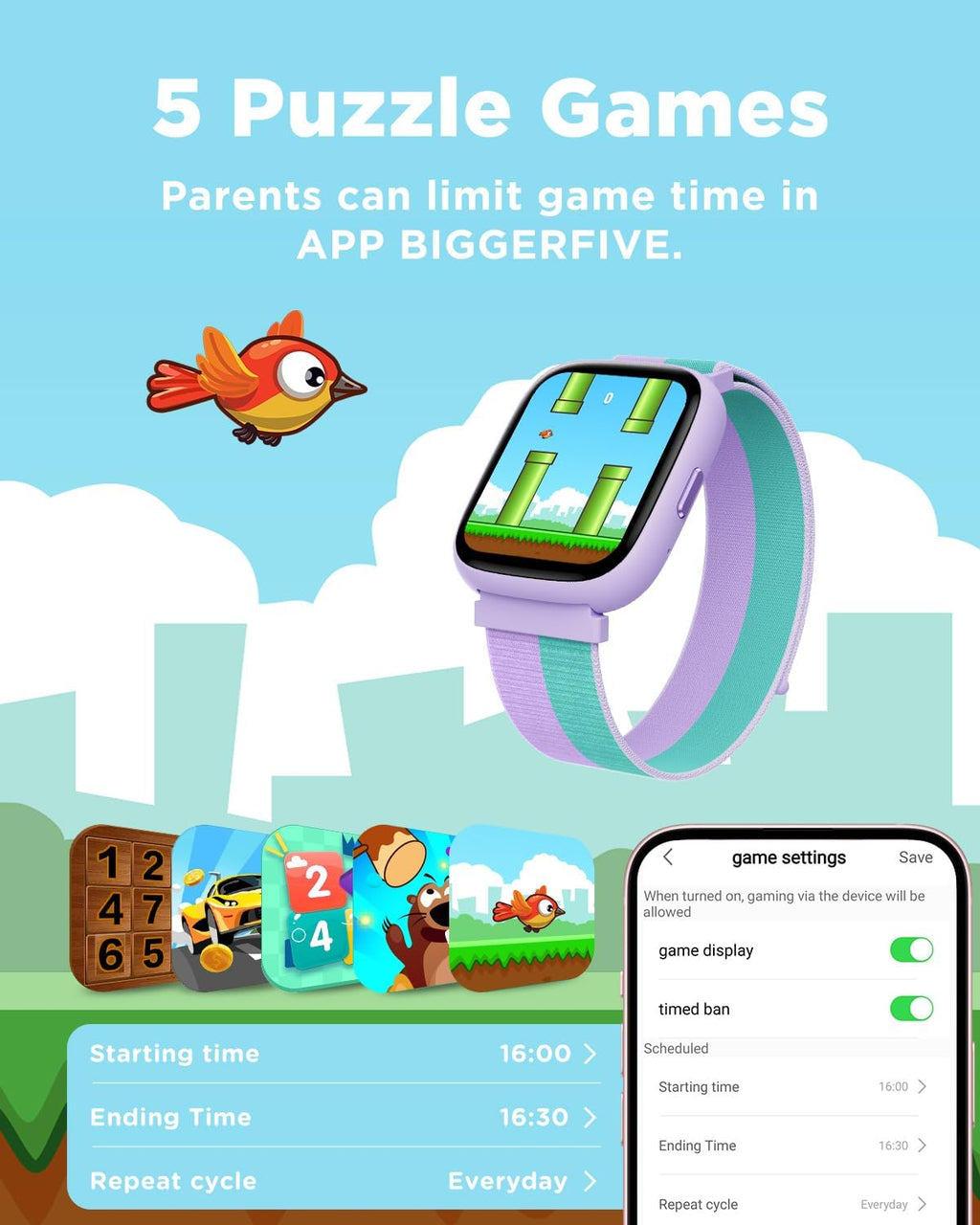 BIGGERFIVE Reloj inteligente para niños, reloj de seguimiento de fitness de