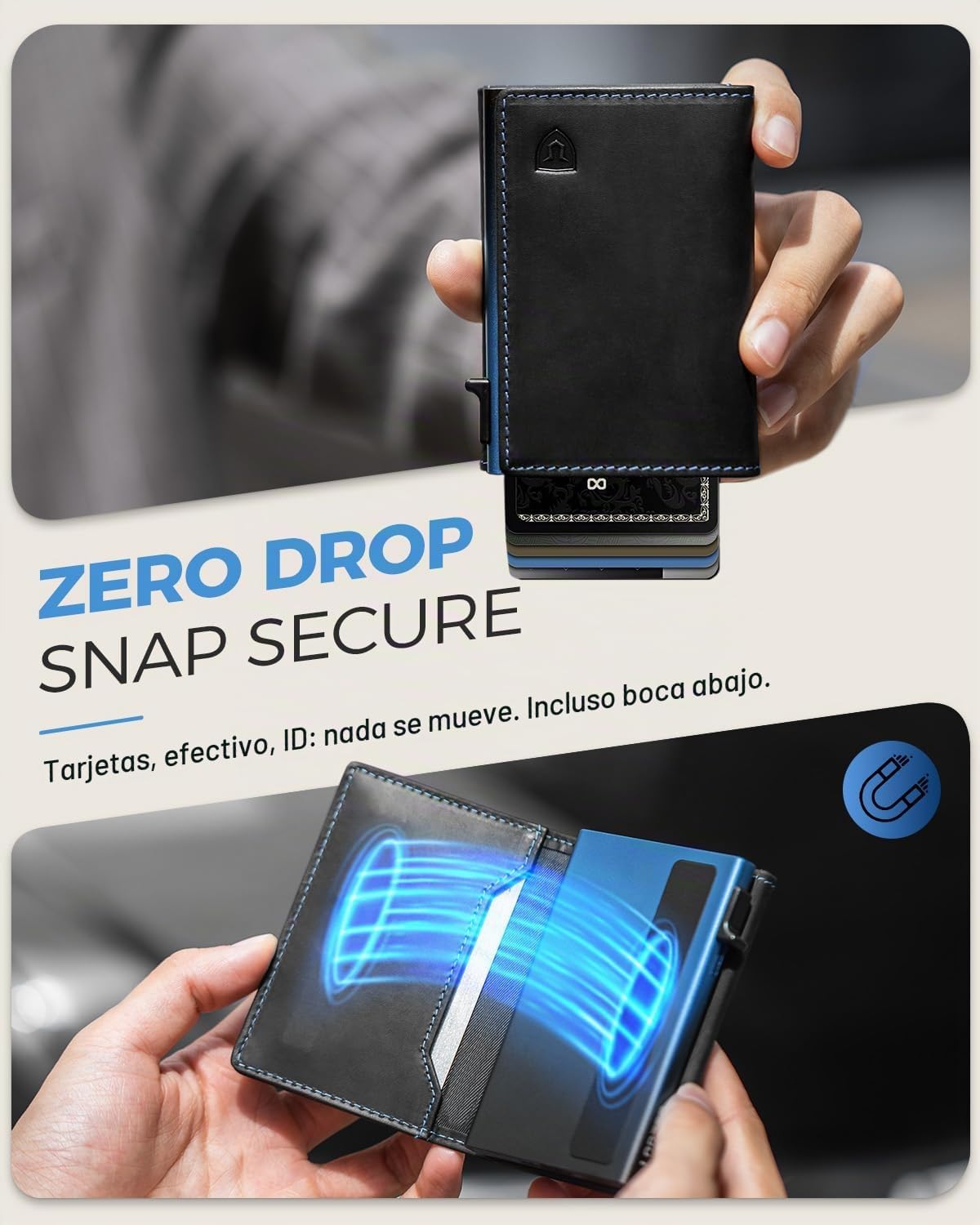 Cartera minimalista para hombre con tarjetero de crédito, cuero de grano completo más fino, billetera inteligente TriPop, billetera delgada triple, desplegable con bloqueo RFID, bolsillo