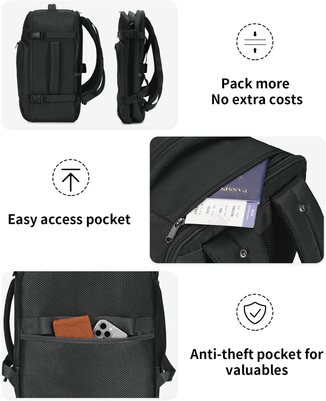 ECOHUB Mochila de viaje Mochila de mano, Negro-2, Mochilas de viaje
