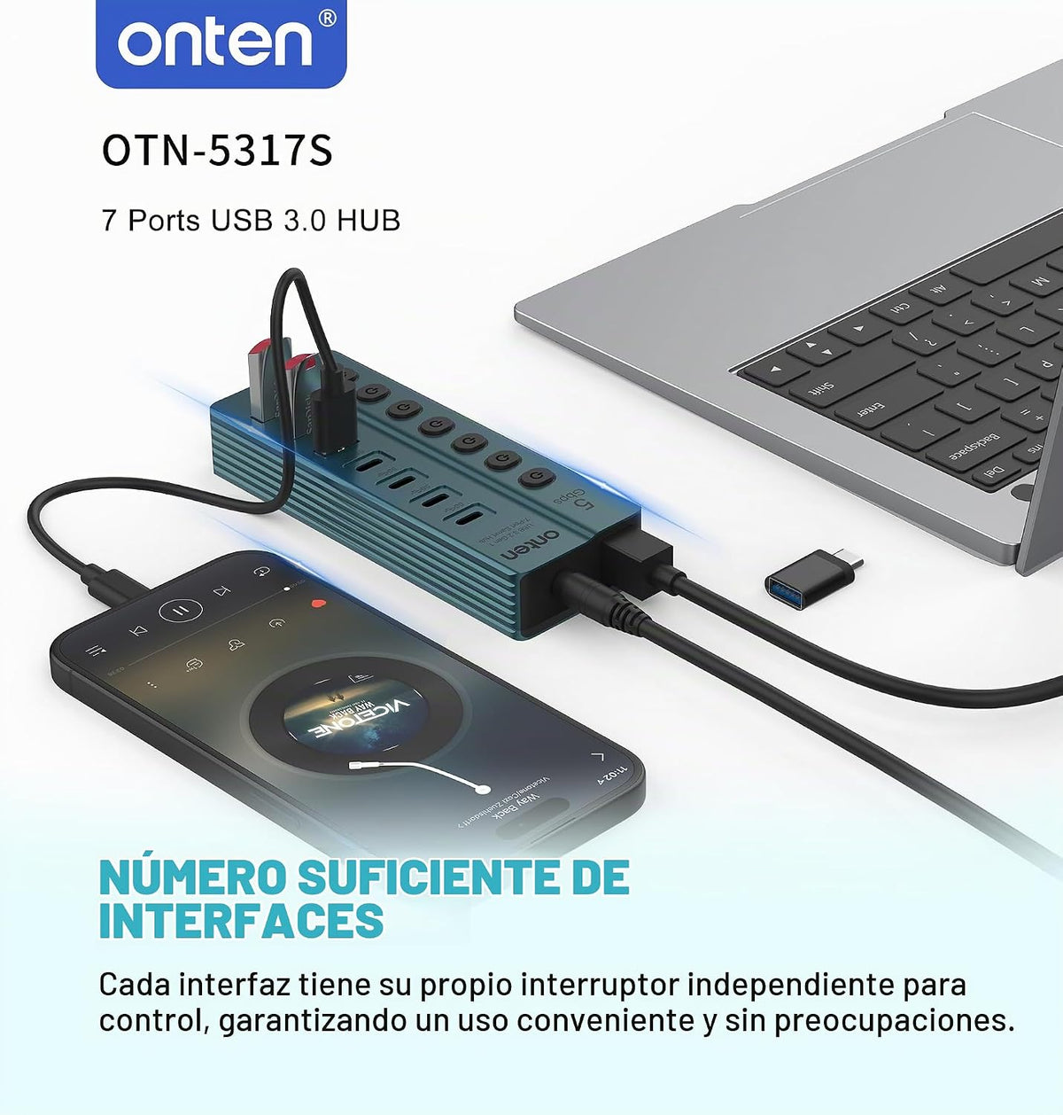 ONTEN, hub USB 3.0 de 7 puertos