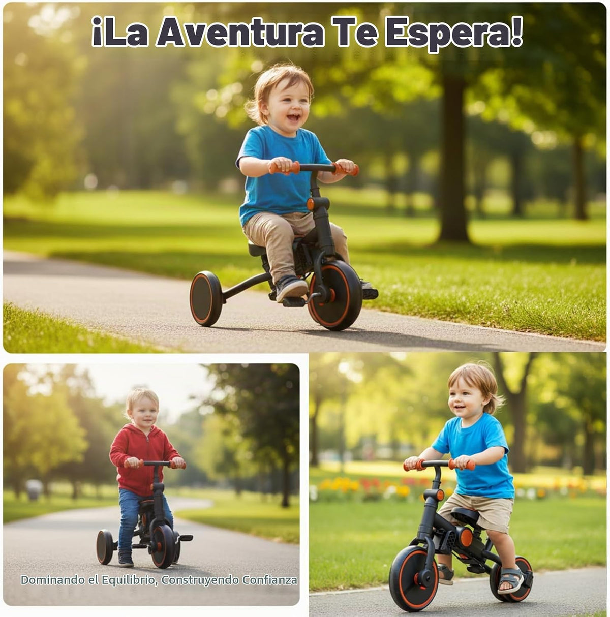 Triciclo plegable de empuje para niños pequeños con toldo, triciclo de equilibrio 8 en 1 con asa, triciclo para niños de 1 a 3 años, triciclos plegables para niños (negro)
