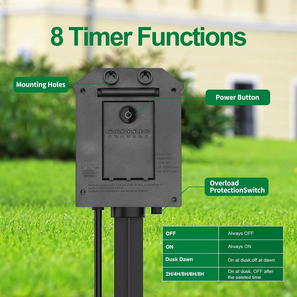 Regleta de alimentación para exteriores con cable de extensión de 25 pies, control remoto de 100 pies, temporizador de luz del atardecer al amanecer, impermeable, 6 tomas de tierra para patio