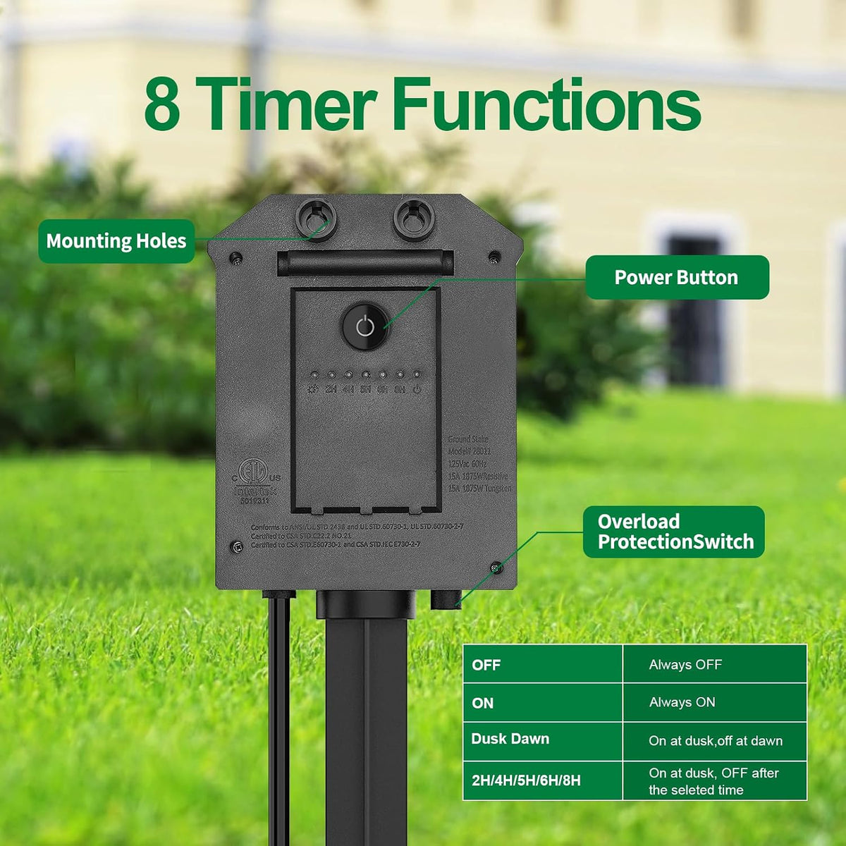Regleta de alimentación para exteriores con cable de extensión de 25 pies, control remoto de 100 pies, temporizador de luz del atardecer al amanecer, impermeable, 6 tomas de tierra para patio
