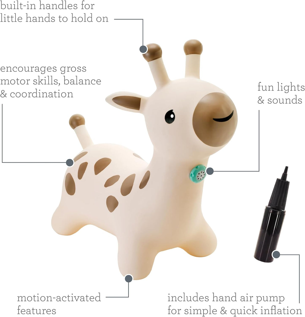 Infantino Bouncy Hoppy Pal, juguete de jirafa para niños pequeños, luces y sonidos, gorila fácil de inflar con asa, juguete de habilidad motora gruesa para interiores, a partir de 12 meses