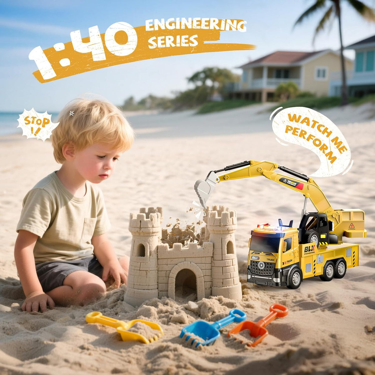 ORANGE OCEAN Paquete de 4 camiones de construcción para niños de 2, 3, 4, 5