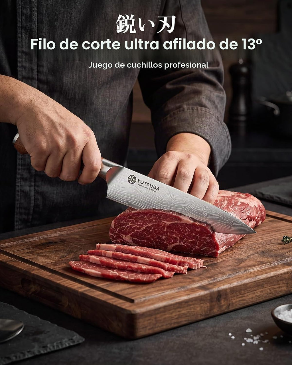 YOTSUBA Juego de 7 cuchillos de cocina japoneses con mango ergonómico de palisandro natural genuino y caja de regalo, cuchillos profesionales de acero inoxidable de alto carbono ultra afilados para