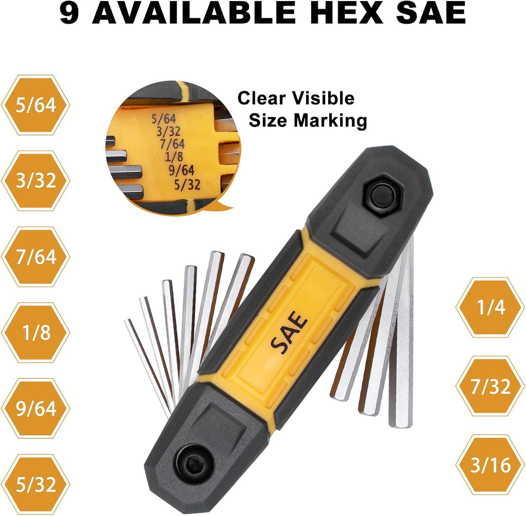 MULWARK Juego de 4 llaves Allen plegables | Juego completo de 17 llaves hexagonales métricas y estándar SAE con soportes portátiles para reparación básica del hogar, montaje de muebles y proyectos de