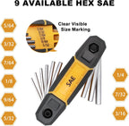 MULWARK Juego de 4 llaves Allen plegables | Juego completo de 17 llaves hexagonales métricas y estándar SAE con soportes portátiles para reparación básica del hogar, montaje de muebles y proyectos de