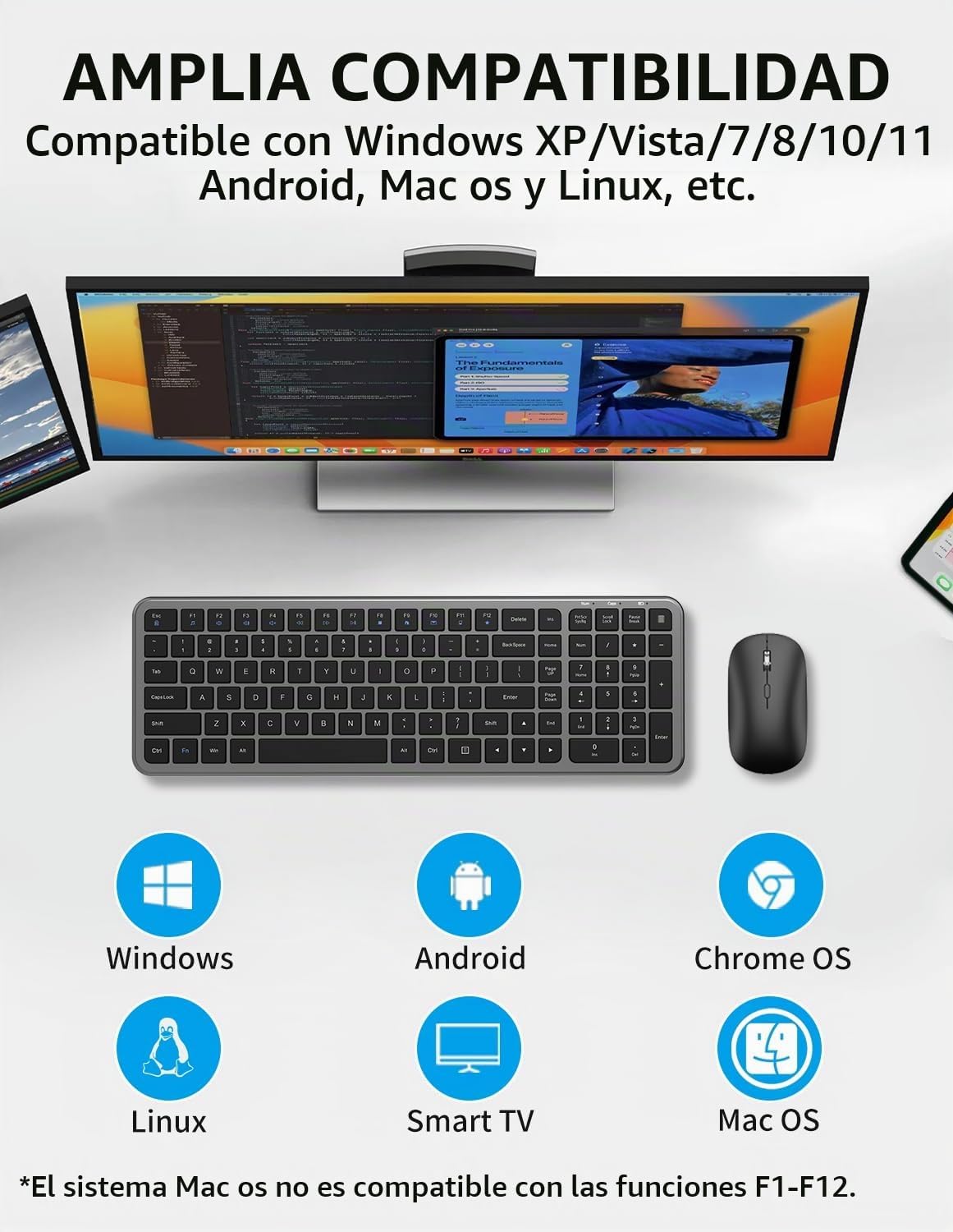 Combo de teclado y mouse inalámbricos, teclado plano delgado y comp...