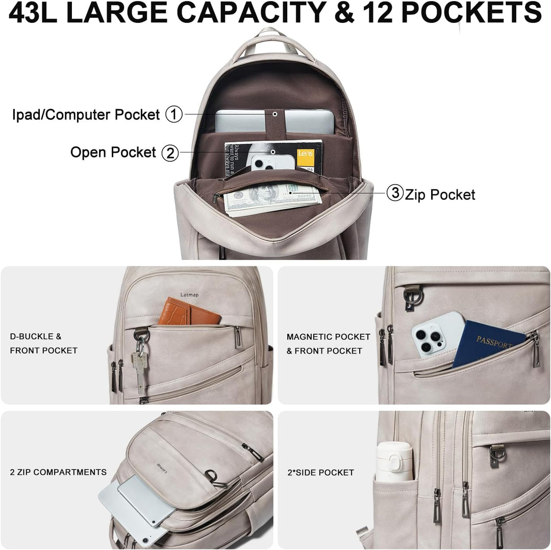 LATMAP Mochila de 43L para mujeres y hombres - Mochila de cuero veg...