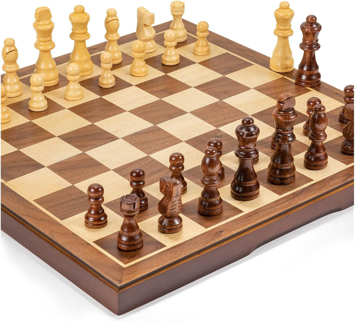 Chess Set Board Games para Adults: Handmade Walnut Wooden 15" 2 Extra Queens Folding Portable Travel Chess Game, Gift idea, Pieces Storage Slots,Instructions