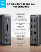 Estación de acoplamiento para laptop Anker, estación de acoplamiento USB-C de 13 en 1, triple pantalla con 2xHDMI y 1xDP, 10 Gbps USB-C y 5 Gbps USB-A, datos, Ethernet, audio, SD, carga de 85W para
