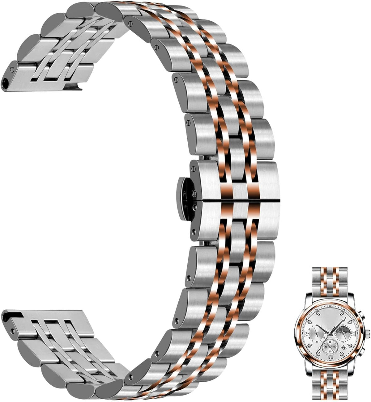 Juntan Correa de reloj de 7 cuentas de liberación rápida, correa de reloj de acero inoxidable de 20 mm y 22 mm para hombres y mujeres, pulsera de reloj de metal ajustable estilo formal con cierre de