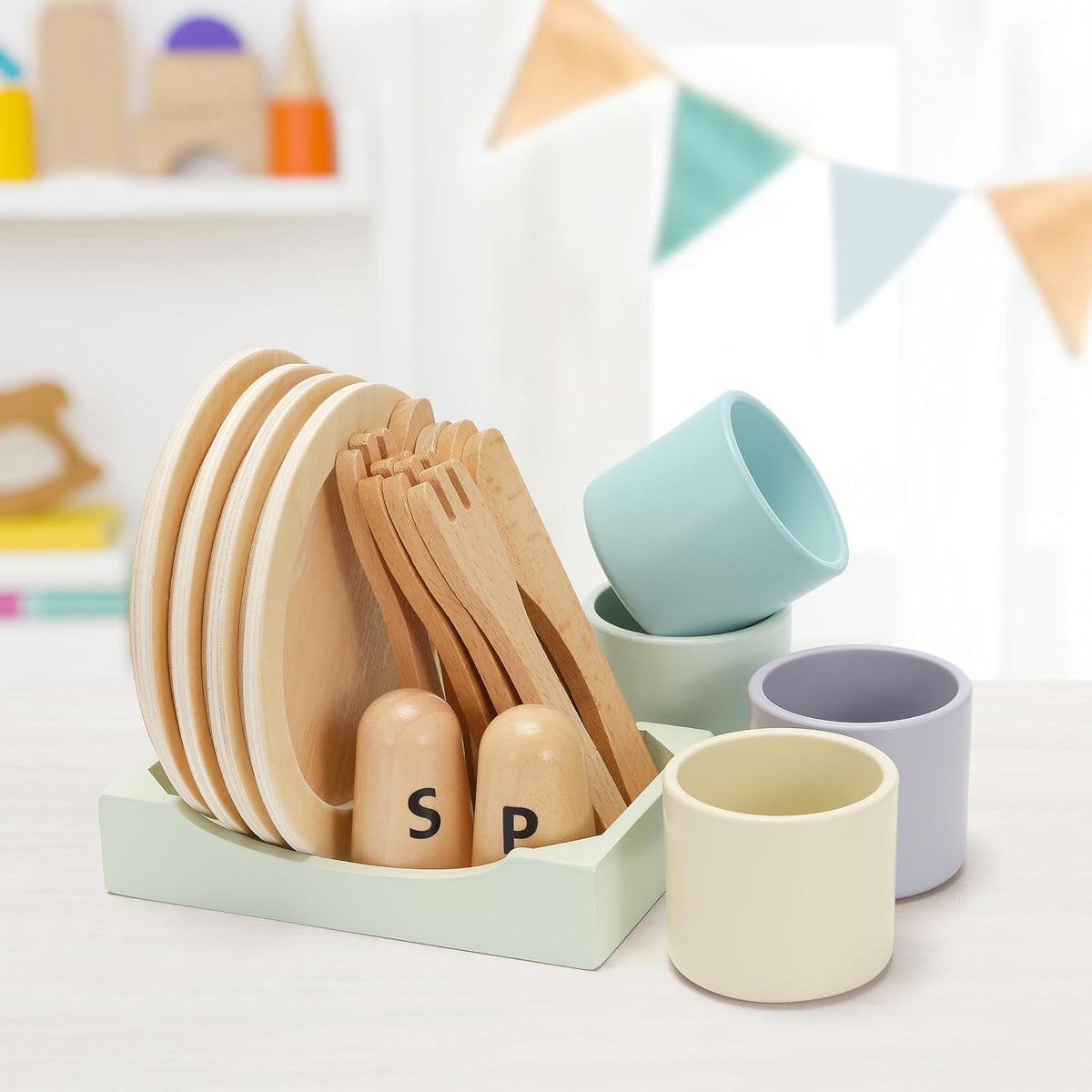 Platos de juego de madera para niños - Accesorios para cocina de juego