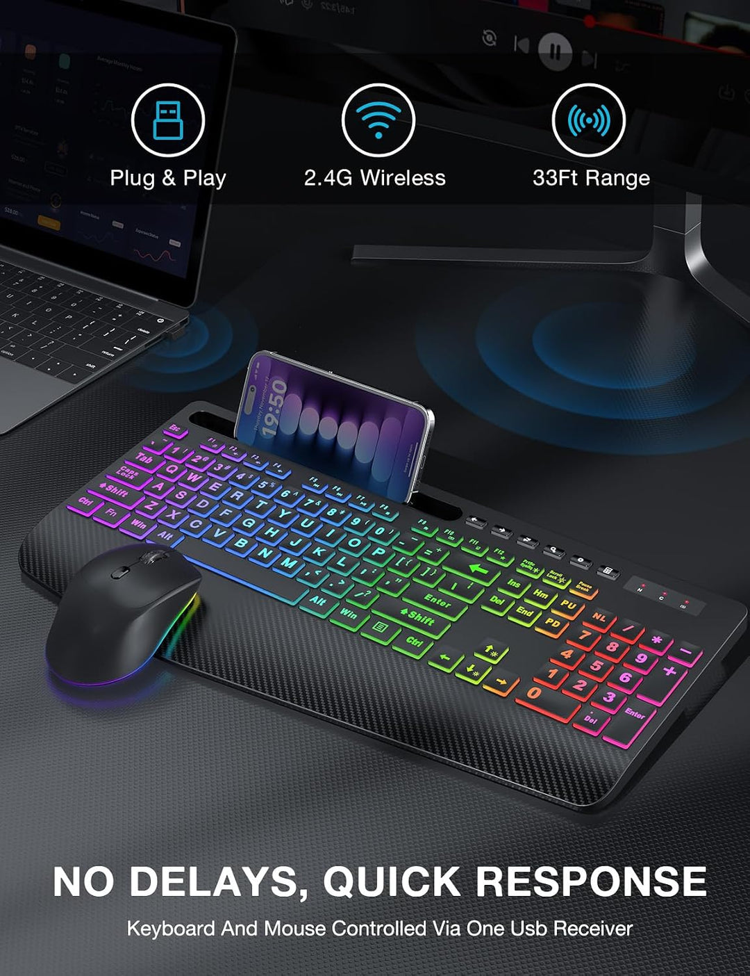 SABLUTE Combo de teclado y mouse inalámbricos, 9 efectos retroilumi...