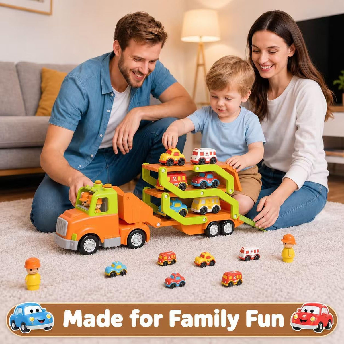 Juguetes para niños de 2, 3, 4, 5 años, camión transportador de coche de juguete con 6 vehículos, remolque plegable de 30 pulgadas con efectos de luz y sonido, regalo de cumpleaños para niños