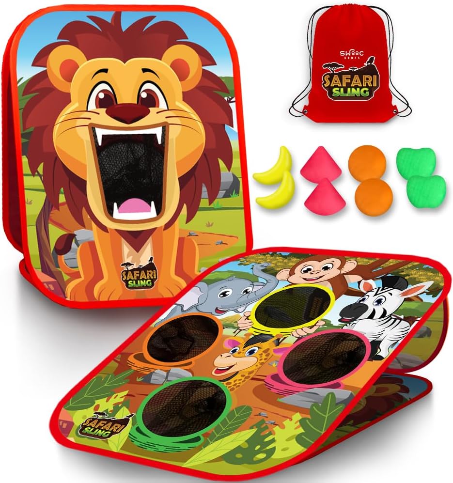 Swooc Games® - Safari Sling | Juego de lanzamiento de bolsas de frijoles 2 en 1 para niños | Juego de Cornhole para niños de configuración de 5 segundos | Juegos de fiesta en el patio trasero | Juego