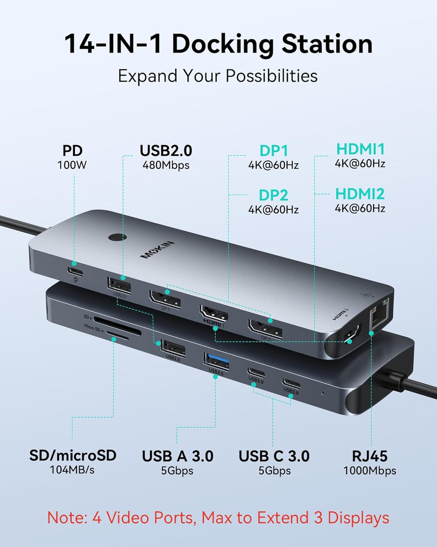 Estación de acoplamiento para portátil 3 monitores, Hub USB C con 2...