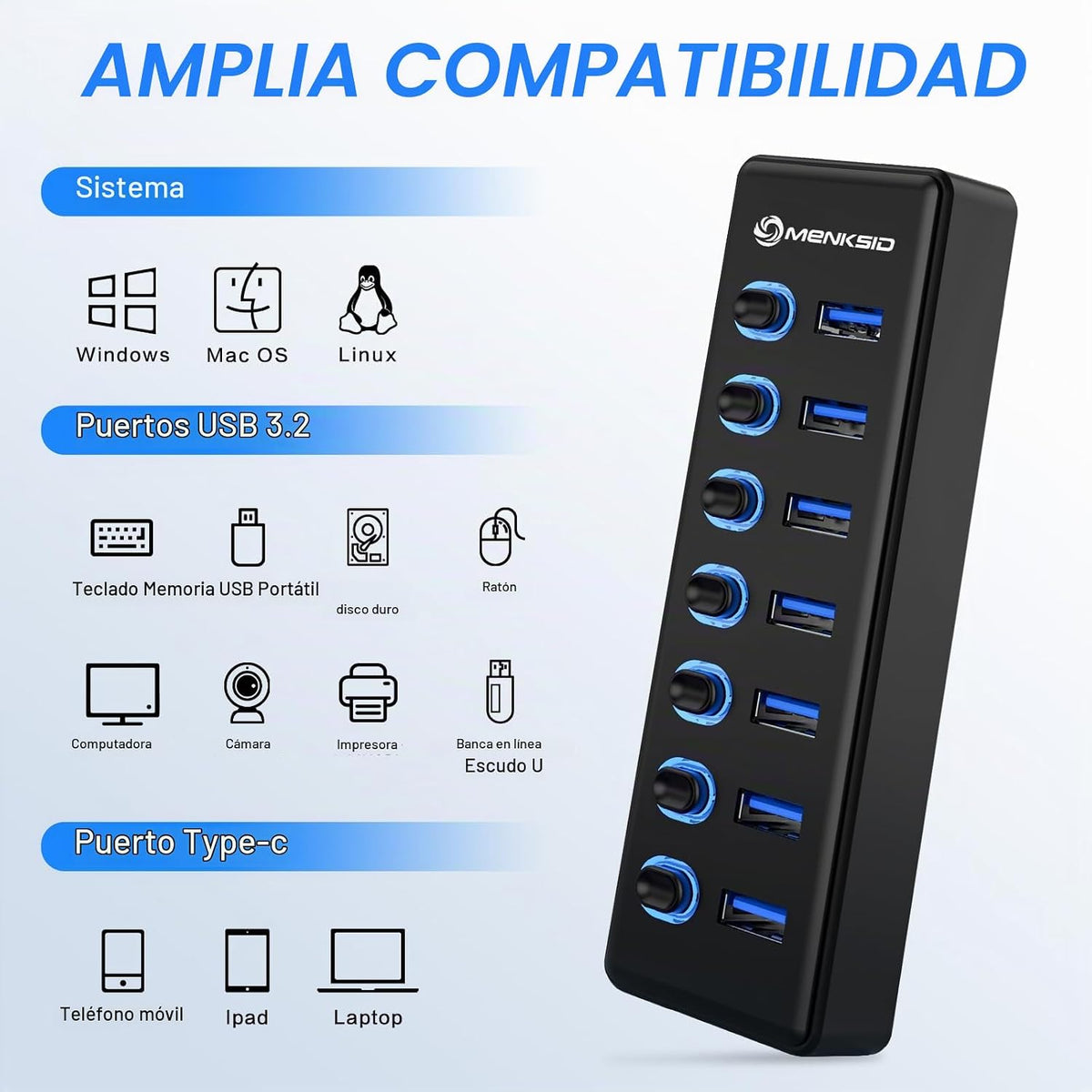 MENKSIDㅤ, hub USB 3.2 de 7 puertos, alimentado