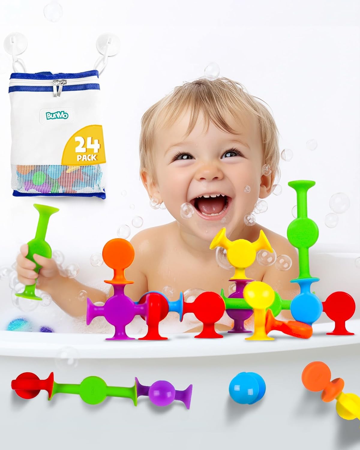 BUNMO Juguetes de baño de succión - Conecta, construye, crea - Juguetes de baño - Horas de diversión y creatividad - Habilidades motoras finas - Juguetes sensoriales estimulantes - Juguete no se puede