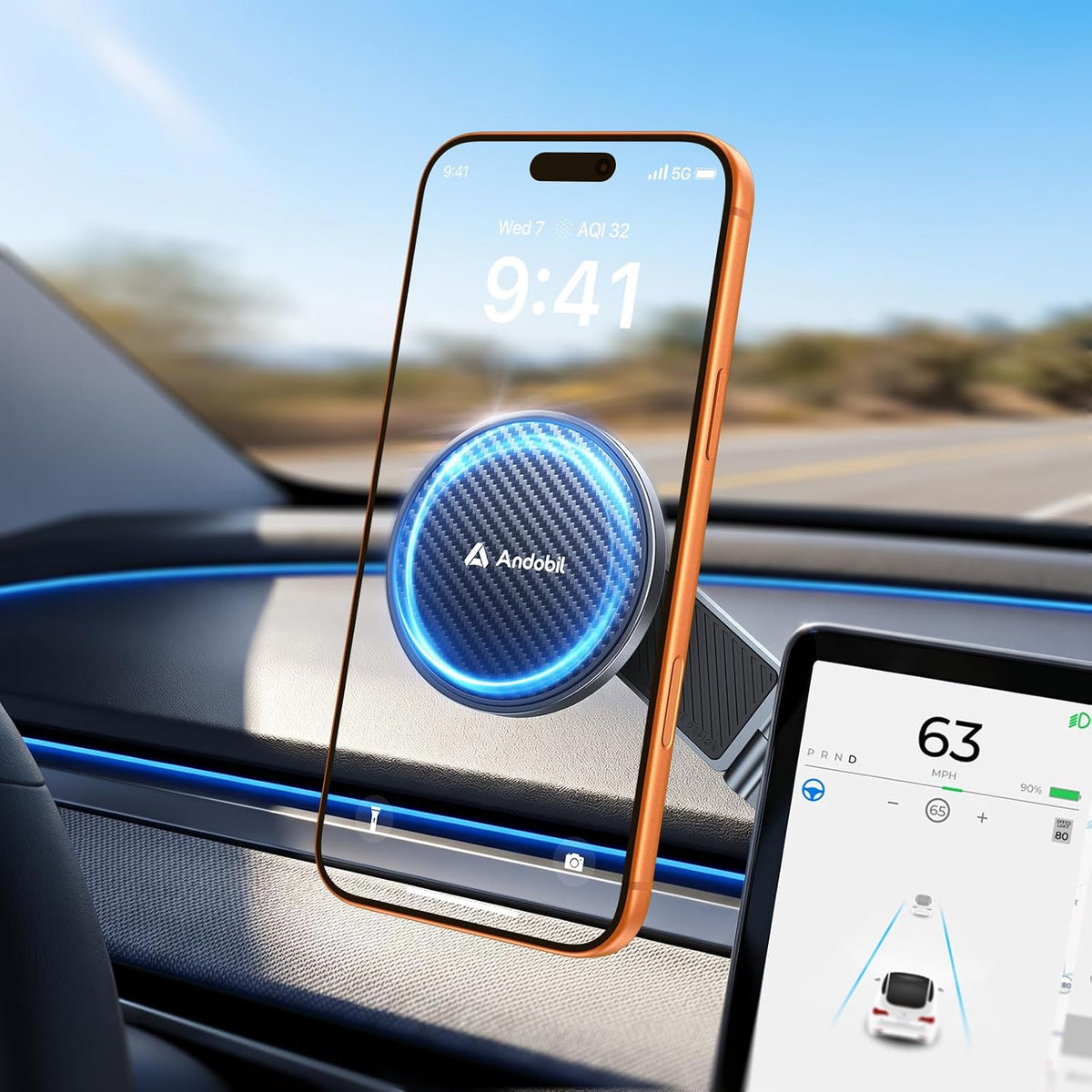 andobil Soporte para Teléfono Tesla Mejorado [Imán Fuerte y Plegable] Soporte MagSafe para Auto para Tesla New Model Y Juniper Model 3, Soporte para Teléfono Tesla Ajustable 360° compatible con iPhone 17 16 15 Pro Max, Accesorios para Tesla