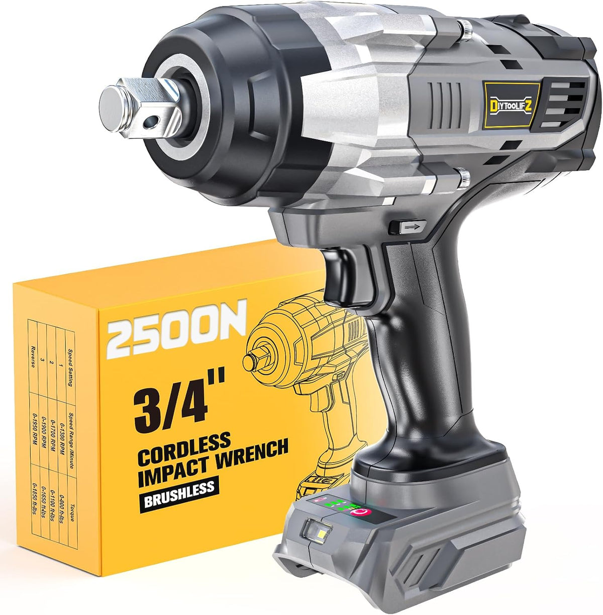 DIYtoolifz Llave de impacto inalámbrica de 3/4 "compatible con batería Dewalt de 20 V: 1850FT-LBS(2500N.m) Destornillador de impacto de alto par, parada automática de marcha atrás, impacto resistente de 4 velocidades para automóvil/camión/cortacésped