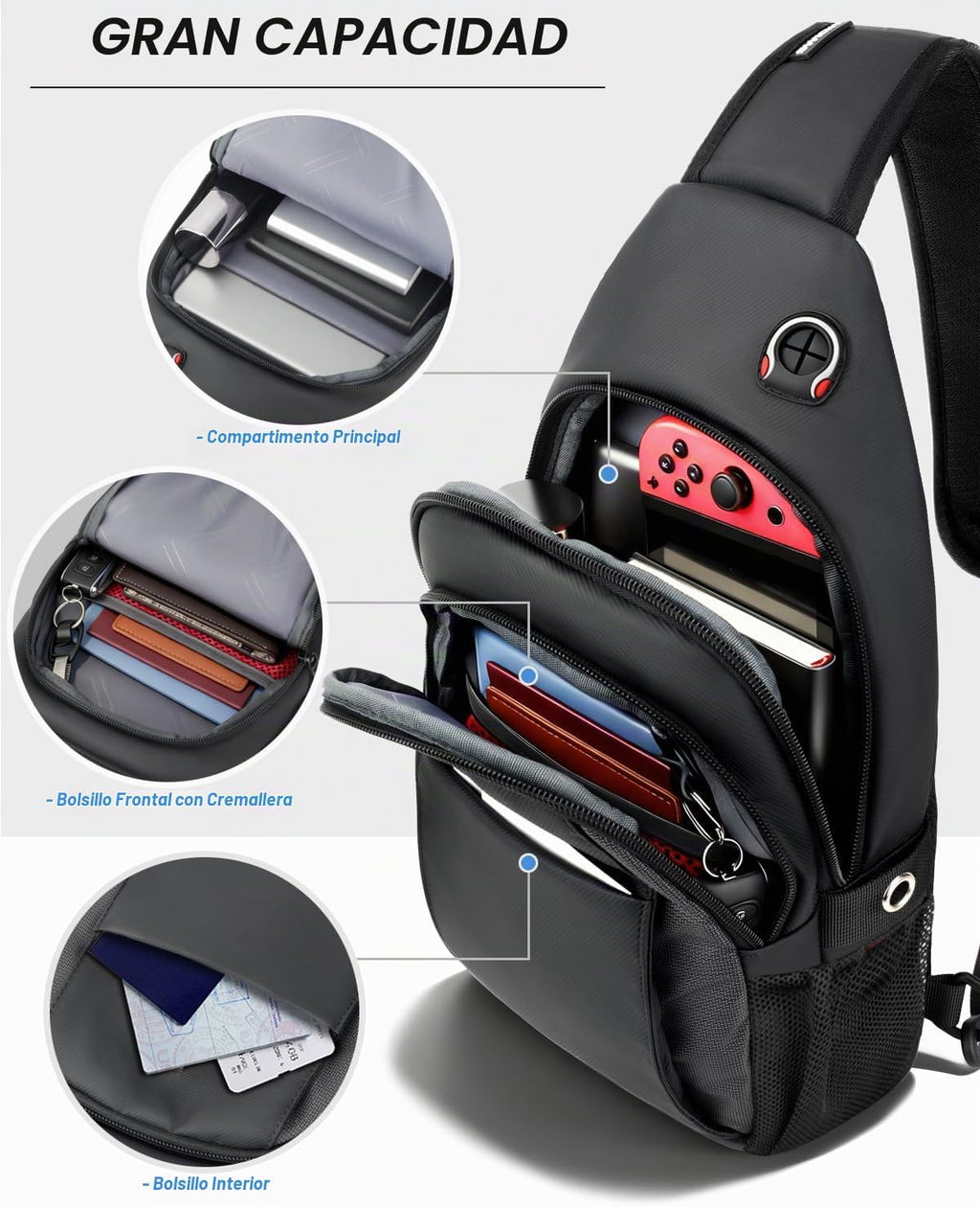 Bolso de porfolio anti-robo para hombre, bandolera expansible cruzada con bolsillo para botella de agua, mochila de viaje que cabe 11” iPad y Switch 2 para traslado diario, negro
