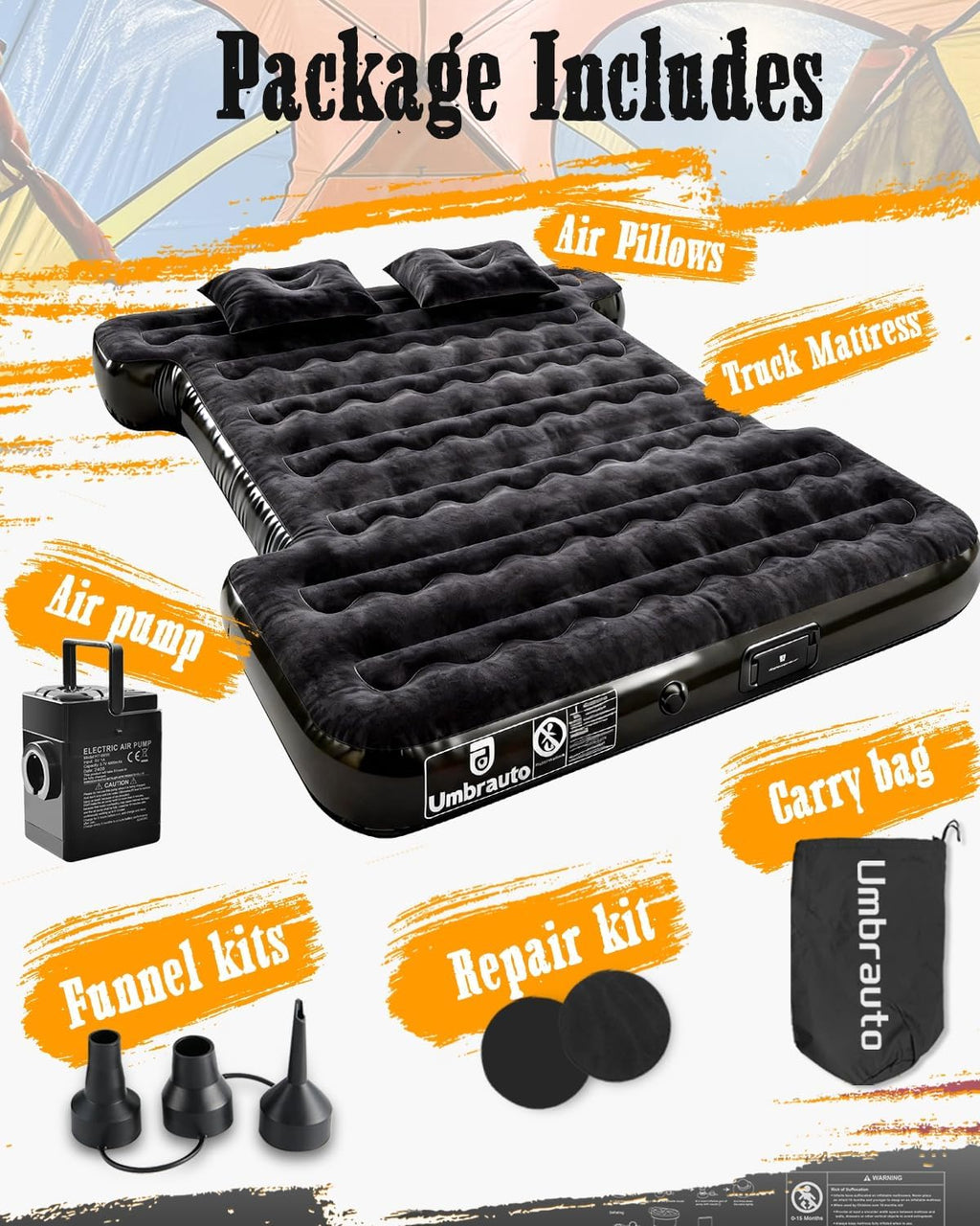 Umbrauto - Colchón de aire con bomba incorporada para cama de camión de tamaño completo corto de 5.5-5.8 pies, colchón de aire inflable para acampar con bomba recargable inalámbrica para tienda de