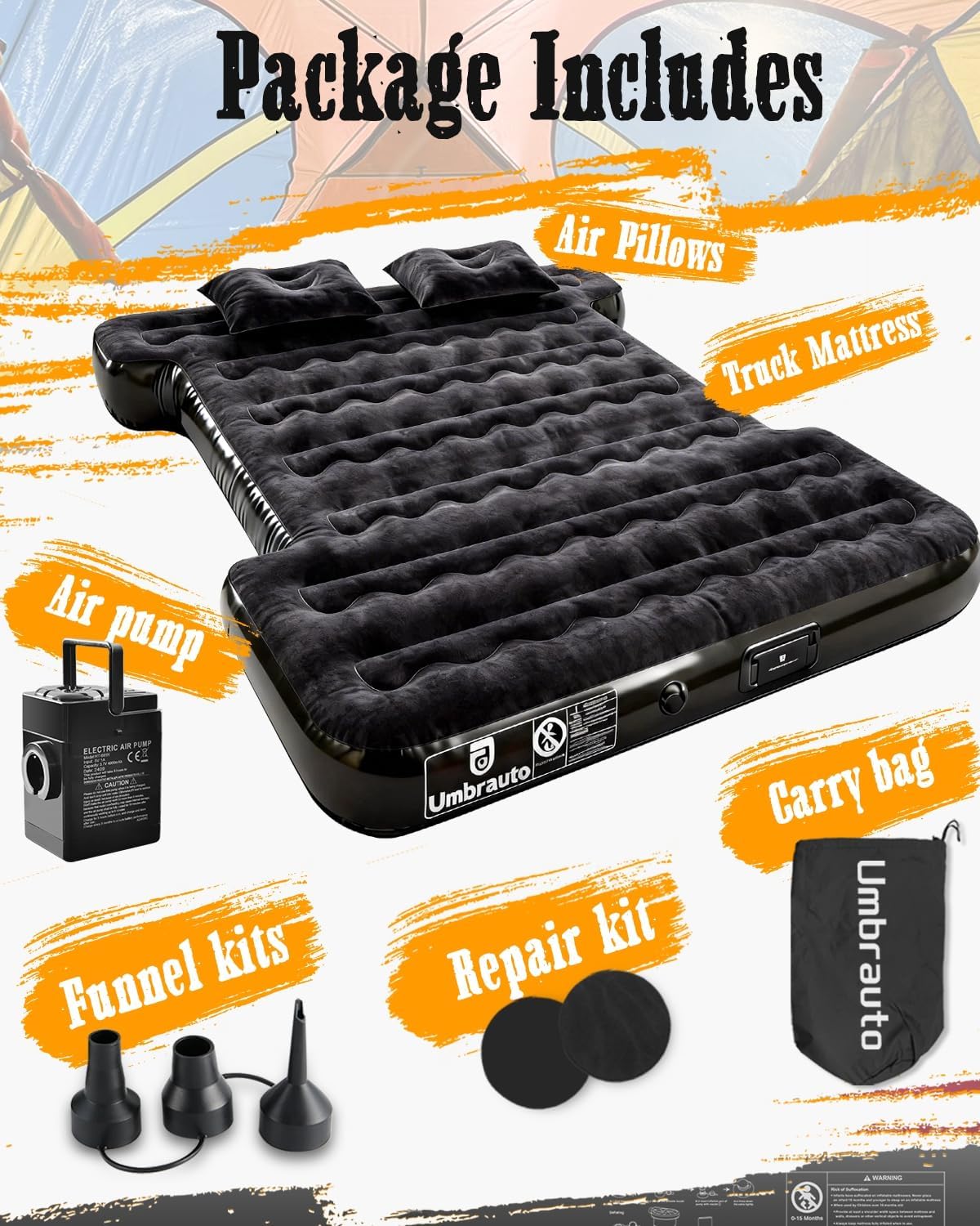 Umbrauto - Colchón de aire con bomba incorporada para cama de camión de tamaño completo corto de 5.5-5.8 pies, colchón de aire inflable para acampar con bomba recargable inalámbrica para tienda de