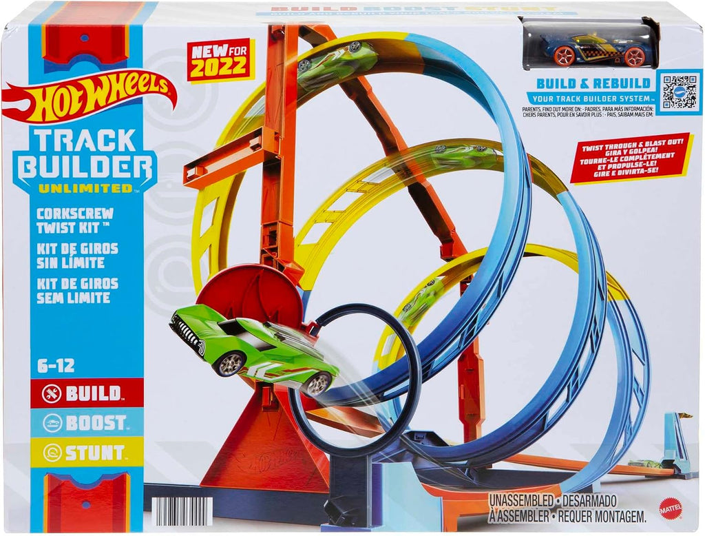 Hot Wheels Juego de pistas de coche de juguete, kit de torsión de sacacorchos ilimitado y vehículo a escala 1:64, 2 formas de correr, se conecta a otras pistas