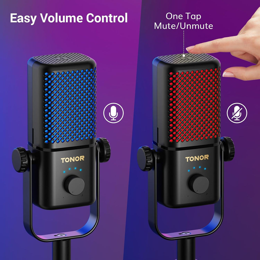 TONOR Micrófono para juegos compatible con Xbox, micrófono de transmisión de condensador RGB, bajo ruido, control de ganancia, silencio de un toque, compatible con tarjeta de captura, cable de 78 pulgadas, soporte de escritorio, negro TCX3