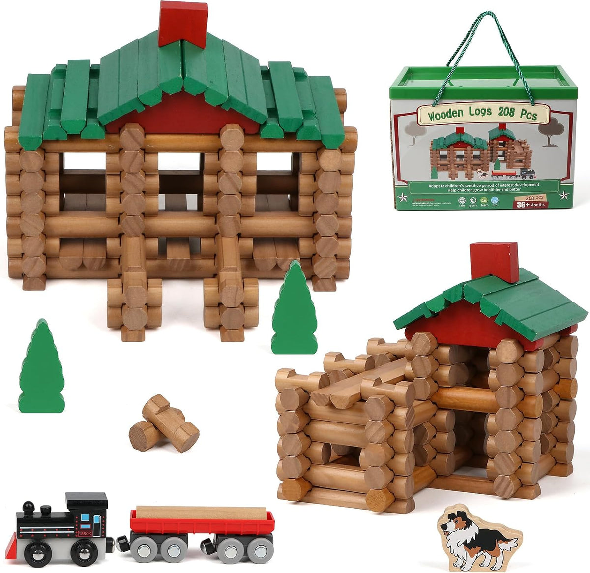 Wondertoys Juego de troncos de madera de 208 piezas, troncos de construcción clásicos a partir de 3 años, el mejor juego de regalo de construcción retro para niños, regalos educativos de ingeniería de