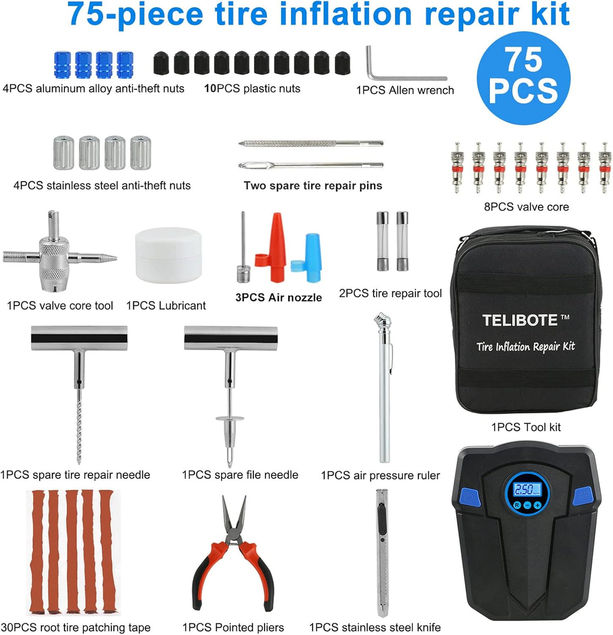 Kit de reparación de neumáticos, compresor de aire portátil para in...