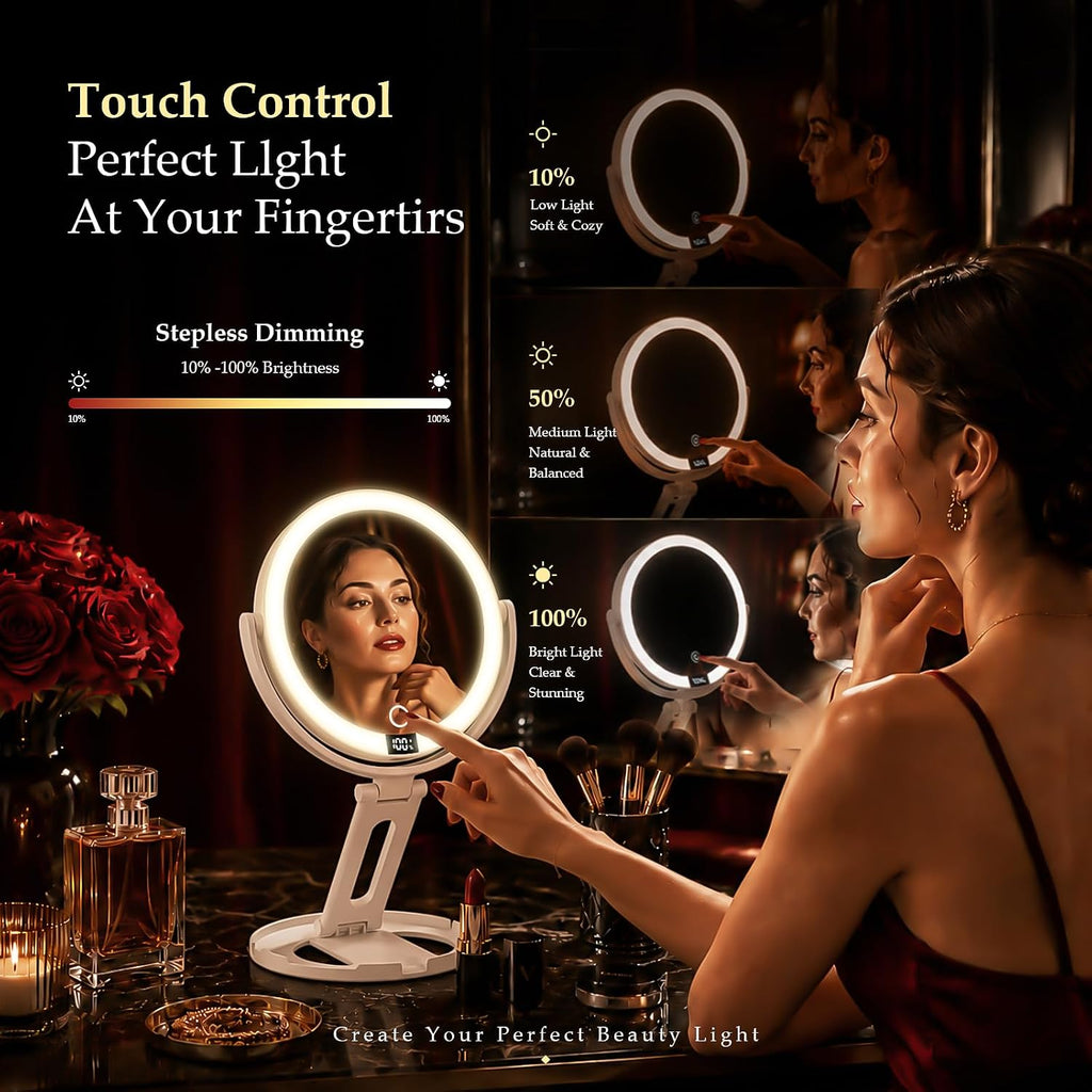 Espejo de maquillaje de viaje con luces, espejo de aumento de doble cara 1X