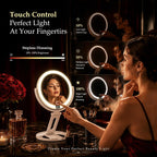 Espejo de maquillaje de viaje con luces, espejo de aumento de doble cara 1X