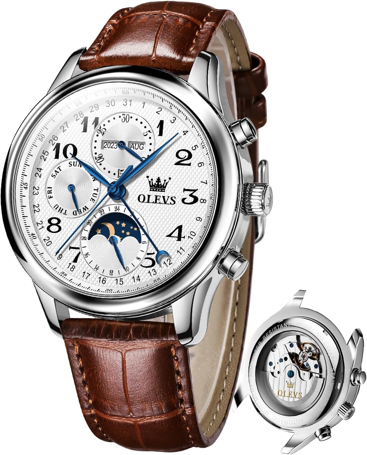 OLEVS - Relojes automáticos para hombre, multicalendario, con fase lunar, 3ATM impermeable, reloj de lujo clásico para negocios, de pulsera