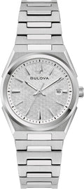 Bulova - Reloj de vestir clásico de cuarzo de tres manecillas con calendario y fecha para mujer, brazalete de acero inoxidable, esfera con patrón, 28mm