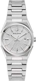 Bulova - Reloj de vestir clásico de cuarzo de tres manecillas con calendario y fecha para mujer, brazalete de acero inoxidable, esfera con patrón, 28mm