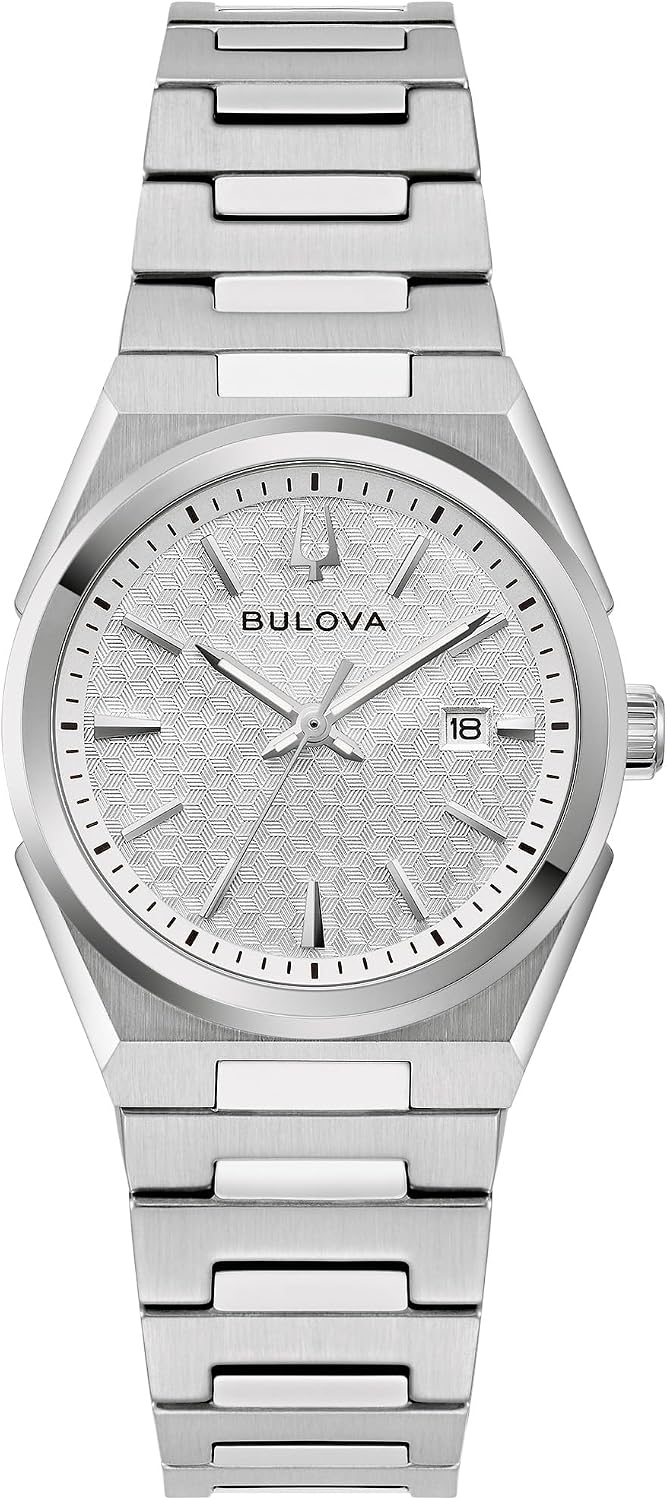 Bulova - Reloj de vestir clásico de cuarzo de tres manecillas con calendario y fecha para mujer, brazalete de acero inoxidable, esfera con patrón, 28mm