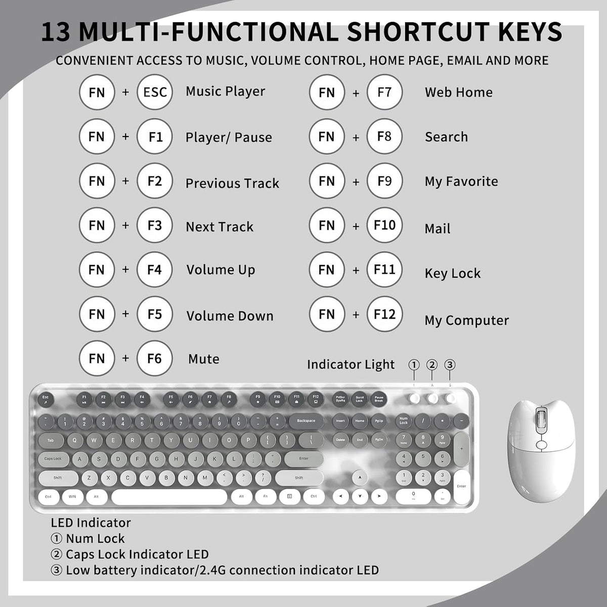 Teclado y ratón inalámbricos cremosos, MOFII 104 teclas redondas de...