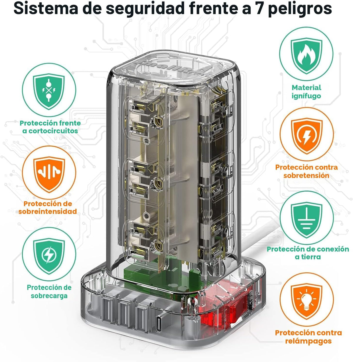 Torre de regleta de alimentación de 6.5 pies con 12 tomas amplias y 4 puertos USB