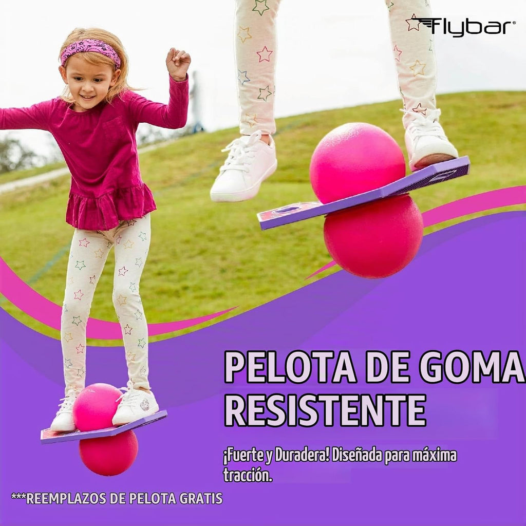 Flybar Pogo - Pelota de truco para niños, tabla de rebote de equilibrio con cubierta antideslizante, bomba incluida, juguetes para interiores y exteriores para niños y niñas, forma divertida de