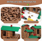 Wondertoys Juego de troncos de madera de villa grande, 456 piezas, troncos de madera real, troncos de construcción clásicos a partir de 3 años, el mejor juego de regalo de construcción retro, regalos educativos de ingeniería de construcción creativa