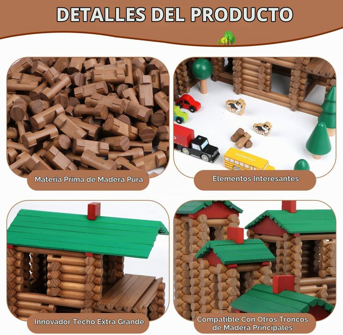 Wondertoys Juego de troncos de madera de villa grande, 456 piezas, troncos de madera real, troncos de construcción clásicos a partir de 3 años, el mejor juego de regalo de construcción retro, regalos educativos de ingeniería de construcción creativa