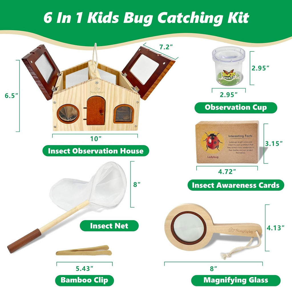 Kit explorador para niños y atrapa insectos para niños, juguetes al aire libre con gran hábitat de bichos de madera portátil, red de mariposa, lupa, taza de observación, 15 tarjetas de