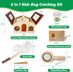 Kit explorador para niños y atrapa insectos para niños, juguetes al aire libre con gran hábitat de bichos de madera portátil, red de mariposa, lupa, taza de observación, 15 tarjetas de