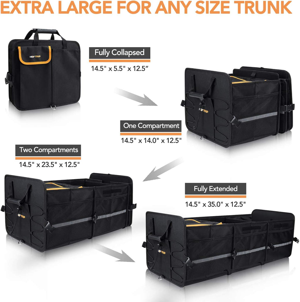 HEYTRIP Organizador grande de maletero con bolsa térmica integrada a prueba de fugas, 2 correas de sujeción, 4 divisores extraíbles, funda plegable, construido con tablero de PE de 2 mm