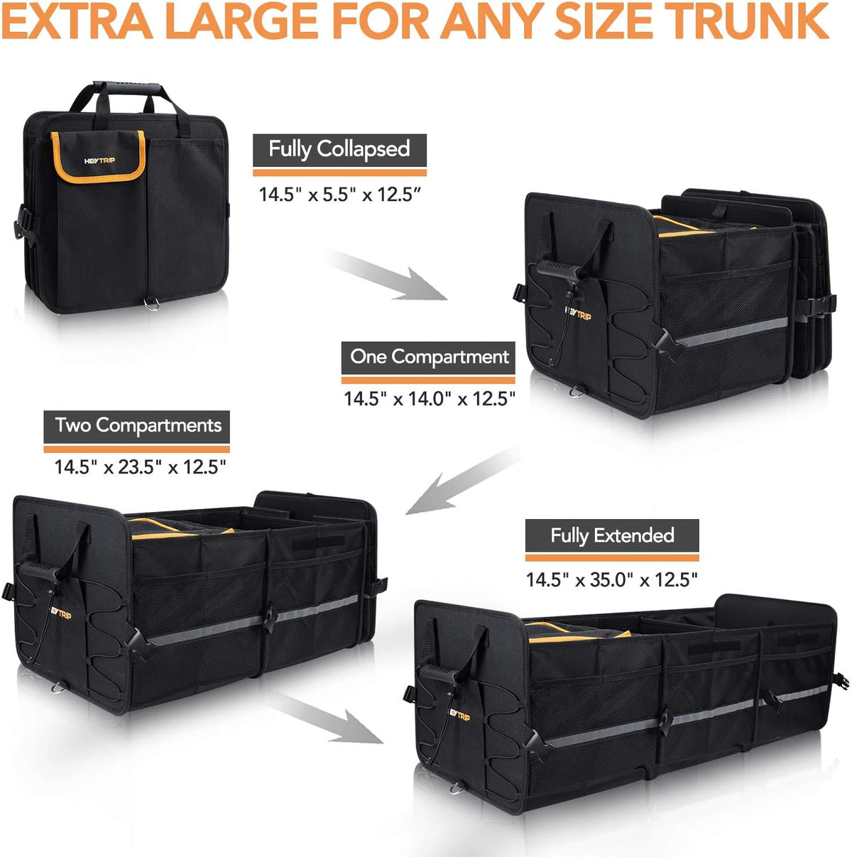 HEYTRIP Organizador grande de maletero con bolsa térmica integrada a prueba de fugas, 2 correas de sujeción, 4 divisores extraíbles, funda plegable, construido con tablero de PE de 2 mm