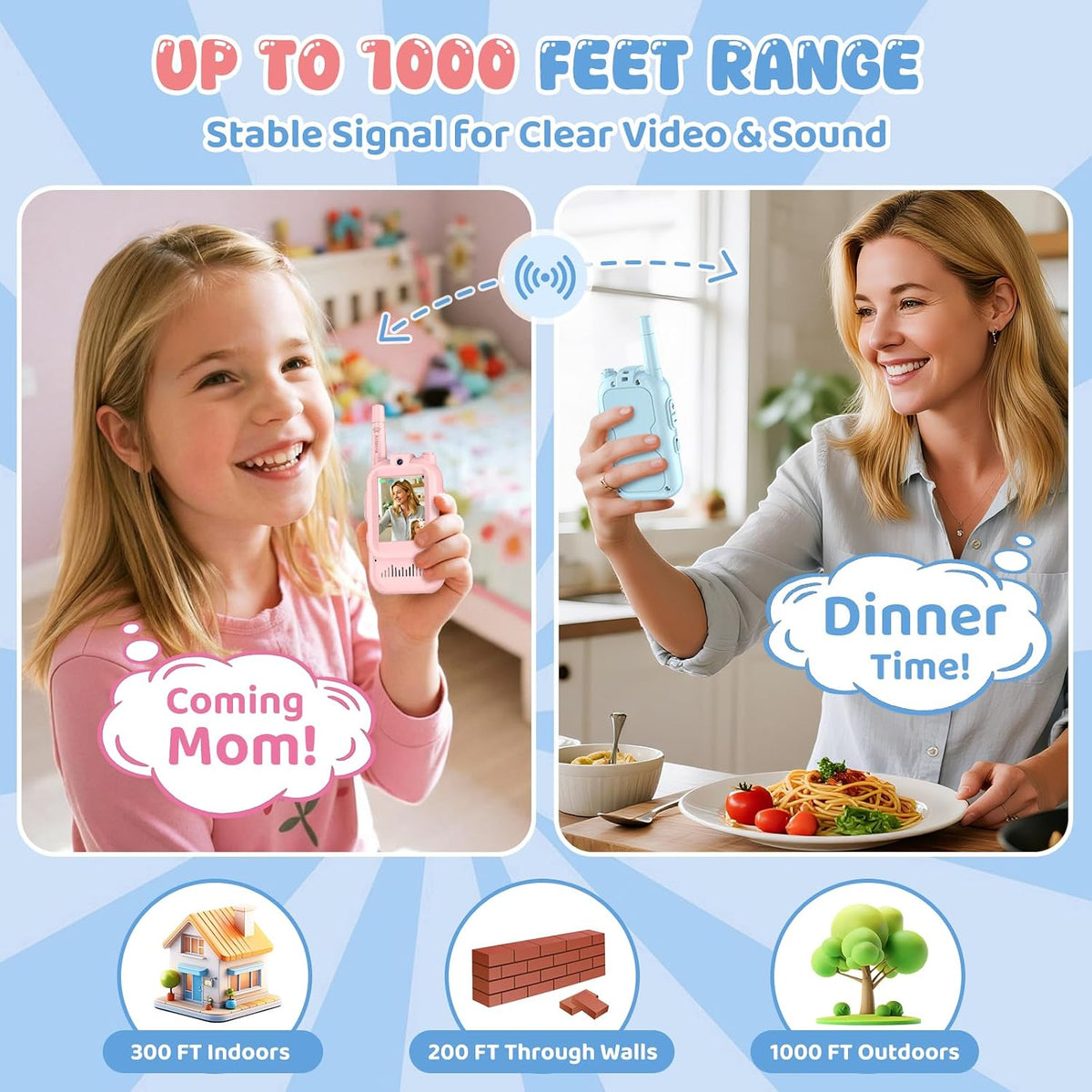 Walkie Talkies de video para niños, paquete de 2 recargables de largo